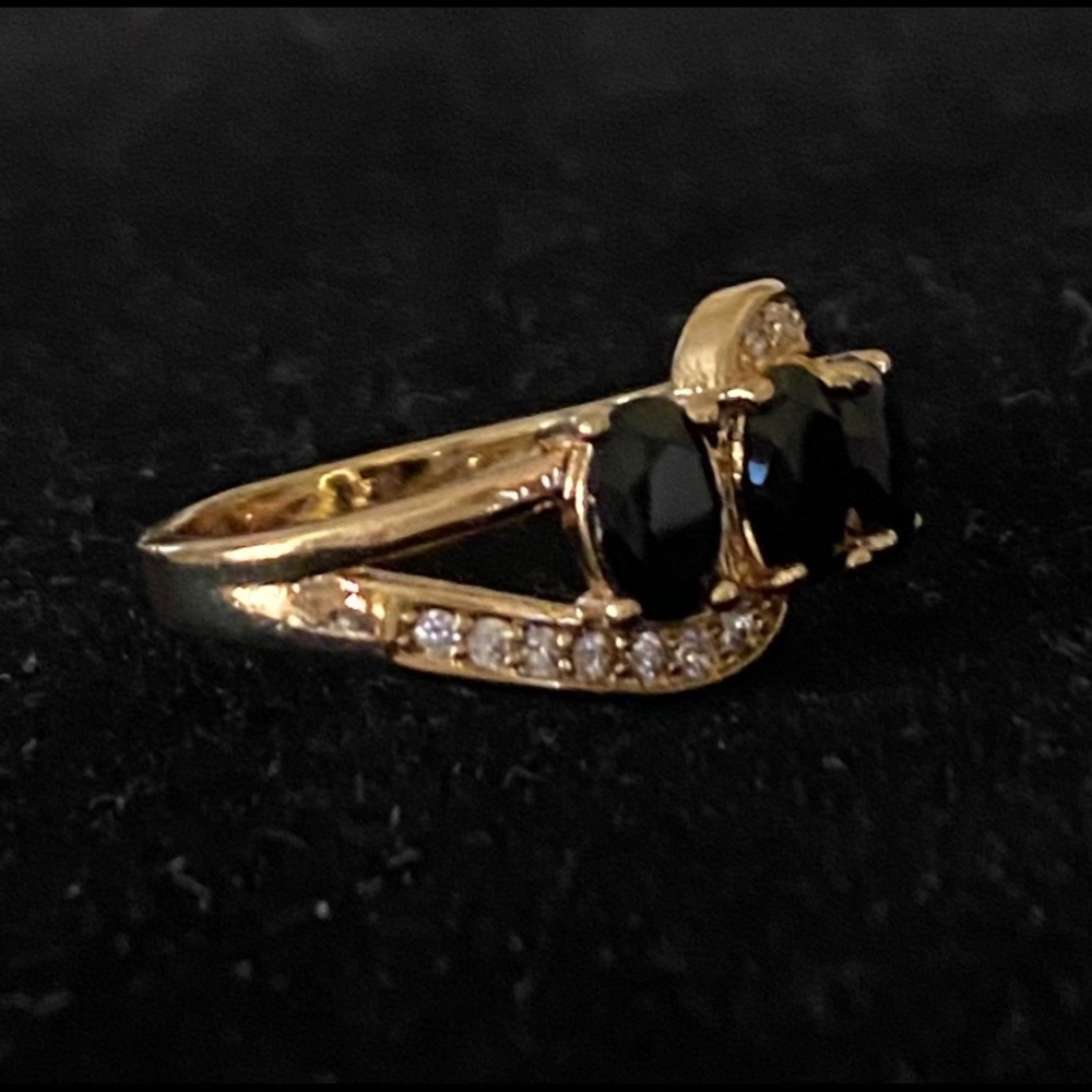 Sz 7 STAMPED 925 14 K GF 3 BLACK SAPPHIRES RING - Picture 3 of 11